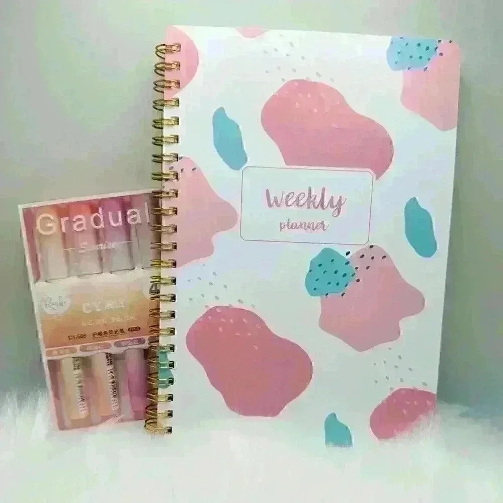 Weekly Planner and Pink Series Highlighter Pen Set Bundle